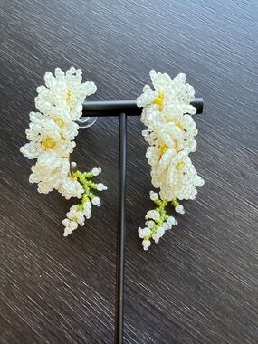 Handmade White Beaded Floral Hoop Earrings with Green Accents